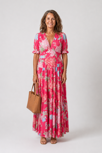 Line | Romantic Floral Midi Dress, V-Neck